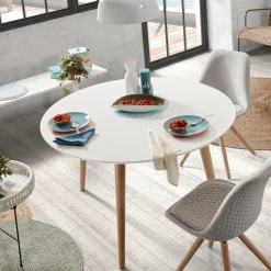 Uitschuifbare Ronde Eettafel Oqui, 120 - 200 x 120cm, kleur Wit