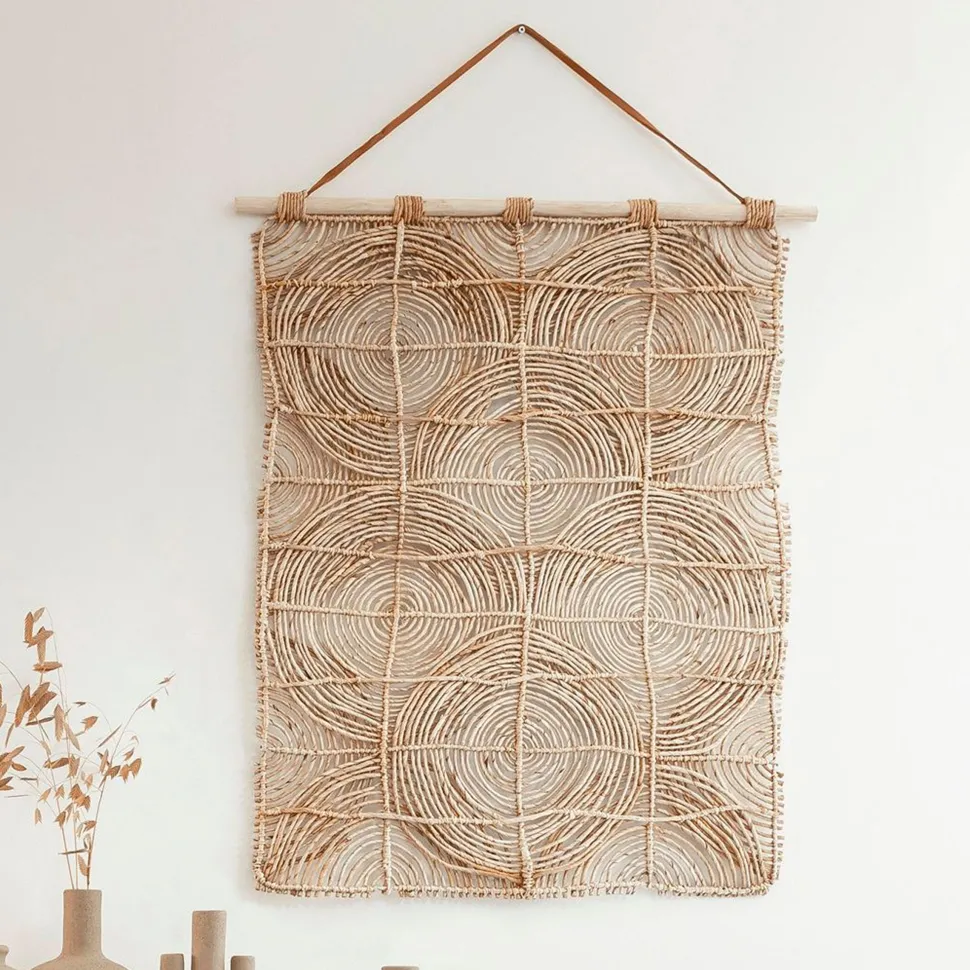 Wanddecoratie Round&Round Abaca en Teakhout, 107 x 71cm