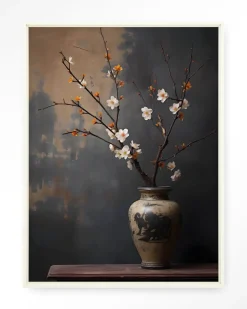 Wandkleed Dark Blossom Vase in maat en frame naar keuze