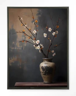Wandkleed Dark Blossom Vase in maat en frame naar keuze