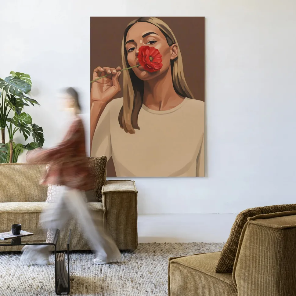 Wandkleed Red Poppy Girl in maat en frame naar keuze