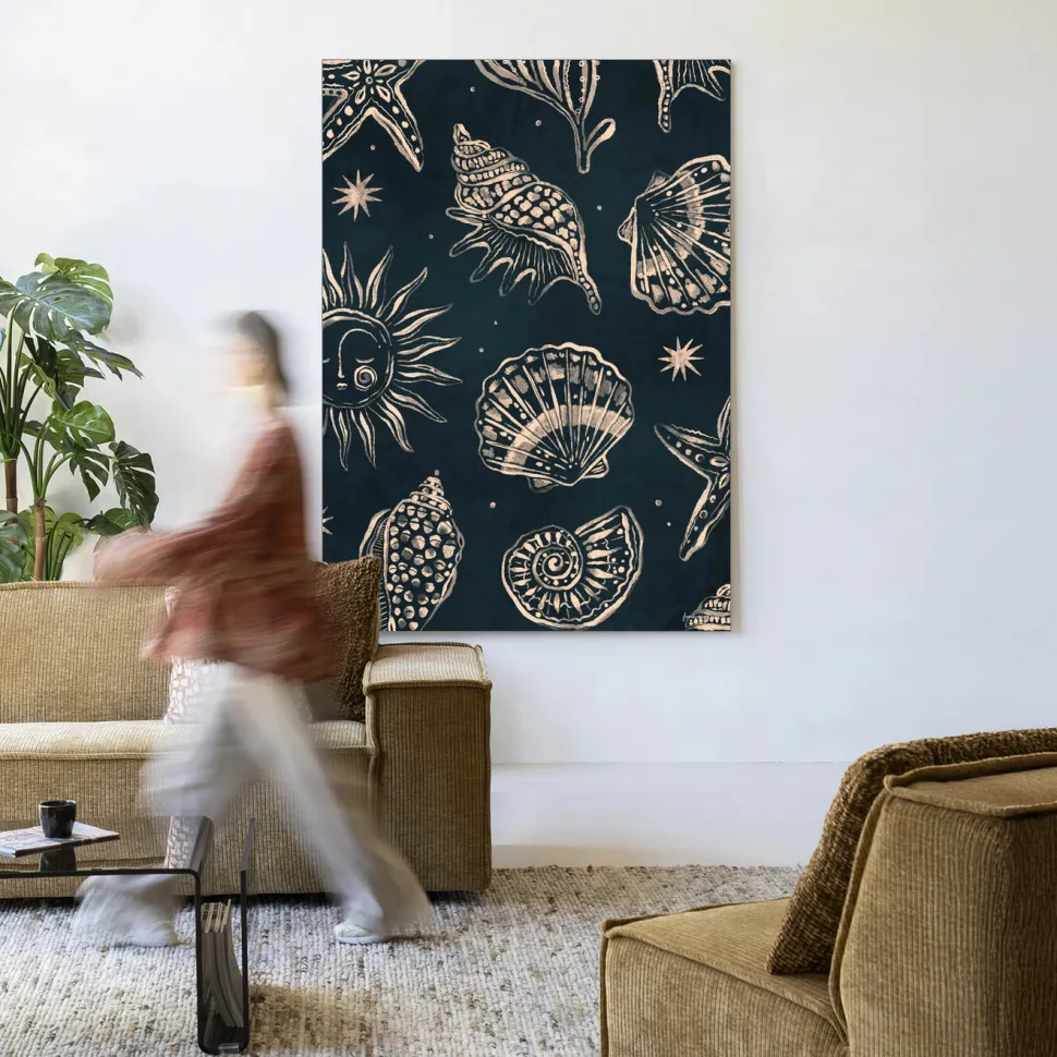 Wandkleed Seashells Midnight in maat en frame naar keuze