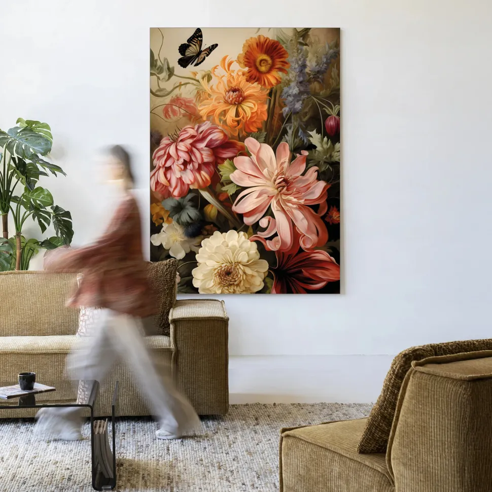 Wandkleed Vintage Flowers in maat en frame naar keuze