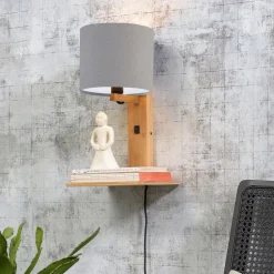 Wandlamp Andes Naturel, Bamboe en Eco linnen, Met plank
