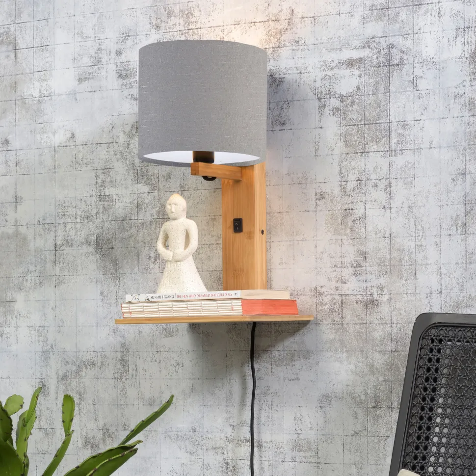 Wandlamp Andes Naturel, Bamboe en Eco linnen, Met plank