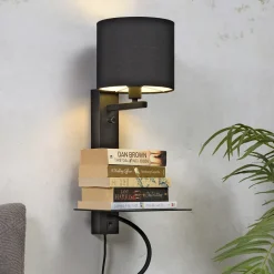 Wandlamp Florence Met plankje en leeslamp, kleur Zwart