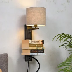 Wandlamp Florence Met plankje en leeslamp, kleur Zwart