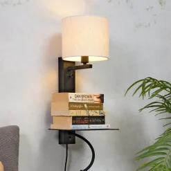 Wandlamp Florence Met plankje en leeslamp, kleur Zwart