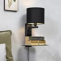 Wandlamp Florence Met plank en USB, kleur Zwart