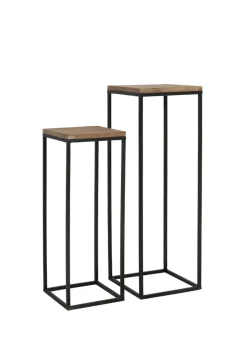 Zuilen / bijzettafels Yarula Set van 2 stuks, zwart+hout