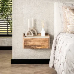 Zwevend Nachtkastje Beckie Mangohout en travertinlook, Met 1 lade